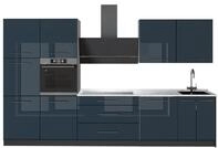 K&uuml;chenzeile Vicco Fame-Line Dunkelblau Hochglanz/Anthrazit 340 cm, AP Marmor,...