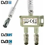 IEC Verteiler Antennenverteiler 2fach + Kabel + Adapter Kabelfernsehen DVB-T2