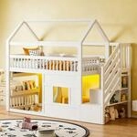 okwish Hochbett 90&times;200 mit Ablagefl&auml;che und LED, Holzhausbett mit Stauraumleiter