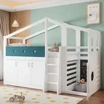 okwish Hochbett 90&times;200 mit Stauraumschrank und Spielbereich, Jugendbett mit