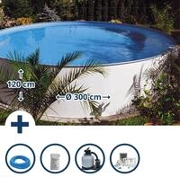 Stahlwandpool Set rund Brasilia 300x120 cm, Stahl 0,6 mm wei&szlig;, Folie 0,6 mm blau,