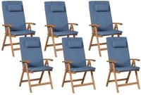 BELIANI Gartenstuhl 6er Set mit Auflagen Hellbraun u. Blau Akazienholz...