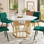 Esstisch sechseckig Marmoroptik MDF Gold Metallgestell 120cm - Gold/Wei&szlig;