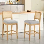 Barhocker 2er Set Grau mit Rattan R&uuml;ckenlehne und Holzbeinen aus Leinen