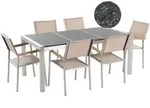BELIANI Gartenm&ouml;bel Set Schwarz Beige Granit Edelstahl Tisch 180 cm Geflammt 6