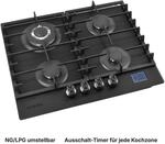 Gaskochfeld 4 flammig, Gaskochfeld 60cm, DIGITALER GAS-STOP-TIMER , LPG/NG,