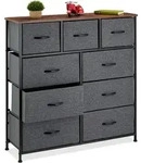 Relaxdays Kommode, HBT 100x100x30 cm, Metall, Holzoptik, 9 Stoff-Schubladen, Ablage,