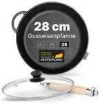Premium tiefe Gusseisenpfanne 28 cm mit Glasdeckel unbeschichtet robuste...