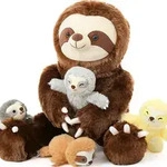 Riesen Faultier Kuscheltier XXL 60cm mit 4 Babys im Bauch, Dunkelbraun
