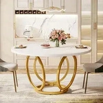 Runder Esstisch f&uuml;r 4-6 Personen, Wei&szlig; mit goldenem Metallfu&szlig;, 120x120 cm -