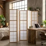 Homestyle4u Paravent Raumteiler 5 teilig Indoor Holz Natur Reispapier Wei&szlig;...
