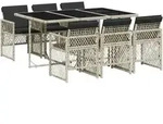 Garten Essgruppe 7-teilig mit Kissen Hellgrau Poly Rattan Glas - Hellgrau