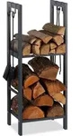 Relaxdays Kaminholzregal mit 2 Ablagen, aus Stahl, 4 Haken f&uuml;r Kaminbesteck,