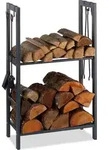 Relaxdays Kaminholzregal mit 2 Ablagen, aus Stahl, 4 Haken f&uuml;r Kaminbesteck,