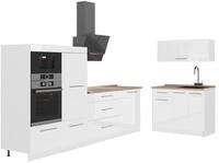 K&uuml;chenzeile Vicco Fame-Line Wei&szlig; Hochglanz/Wei&szlig; 380 cm, AP Eiche, Model 64141