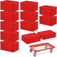 10 Euroboxen, LxBxH 600x400x320 mm + 10 Scharnierdeckel + 1 Transportroller,...