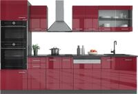 K&uuml;chenzeile Vicco R-Line Rot Hochglanz 300 cm mit Hochschrank, AP Marmor, Model
