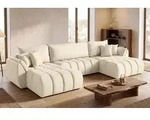 Ecksofa 382x184 cm mit Schlaffunktion & Bettkasten &ndash; Beige Samt &ndash; U-Sofa,