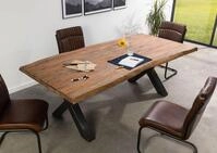 MASSIVMOEBEL24 Baumtisch Sheesham 240x100x77 grau gebeizt / X-Beine anthrazit