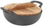 Gusseisen Wok Pfanne mit 2 Griffen und Holzdeckel, 25cm, Flacher Boden,...