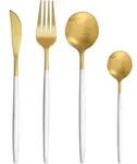 Besteckset 24-teilig f&uuml;r 6 Personen Wei&szlig; Gold Matt Edelstahl Sp&uuml;lmaschinenfest -