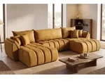 Ecksofa 382x184 cm mit Schlaffunktion & Bettkasten &ndash; Senfgelb Samt &ndash; U-Sofa,