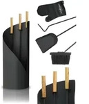 holz4home&reg; Kaminbesteck 5-tlg. Set Grauschwarz mit Holzgriff inkl. Ofenhandschuh I