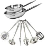 Fackelmann 2er-Set Pfannen aus Edelstahl 18/8, 24 und 28 cm, mit 6 Utensilien, f