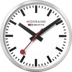 Mondaine Wanduhr Bahnhofsuhr in Silber aus geb&uuml;rstetem Aluminium mit rotem