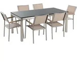 BELIANI Gartenm&ouml;bel Set Schwarz Beige Granit Edelstahl Tisch 180 cm Poliert 6