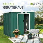 Juskys Metall Ger&auml;tehaus M mit Pultdach, Schiebet&uuml;r & Fundament - 4m3 - Gr&uuml;n -