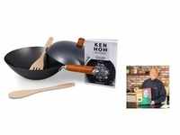 Ken Home Wokpfanne Kohlenstoffstahl mit Holzgriff Set mit praktischer