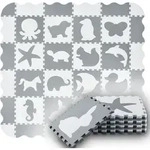 Juskys Kinder Puzzlematte Timon 36 Teile mit 16 Tieren - rutschfest - Grau Wei&szlig; -