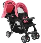 vidaXL Tandem-Kinderwagen Stahl Rosa und Schwarz - Schwarz/Rosa