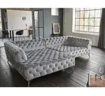KAWOLA Sofa NARLA Ecksofa Chesterfield Stoff velvet silber Recamiere links -...