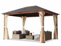 Gartenpavillon 3x4 m Holzoptik, Stahldach Hardtop 4 Seitenteile in Champagner