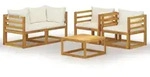 vidaXL 5-tlg. Garten-Lounge-Set mit Auflagen Creme Massivholz Akazie - Creme