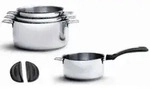 Set mit 4 edelstahlt&ouml;pfen 14/16/18/20 cm + 1 griff + 2 griffe De buyer 3491.04
