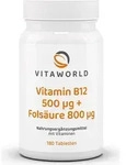 Vitaworld Vitamin B12 500 &mu;g + Fols&auml;ure 800 &mu;g | 180 Tabletten | hochdosiert 