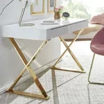 WOHNLING Schreibtisch 118x76x57 cm Holz Hochglanz Wei&szlig; Metallbeine Golden Design
