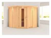 Karibu Sauna Jarin (Eckeinstieg), Holztür mit Isolierglas, wärmegedämmt, klar,