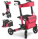 Juskys Rollator Vital faltbar, leicht, h&ouml;henverstellbar - Sitz, Tasche - Rot - Rot