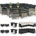 Juskys Polyrattan Lounge Manacor - Sofa, Tisch, Hocker & Kissen - Grau-meliert & Grau
