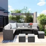 MEXO Gartenm&ouml;bel-sets Terrassenm&ouml;bel Set, Rattan Eckb&auml;nke mit Esstisch f&uuml;r 6-9