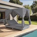 vidaXL Outdoor-Lounge-Bett mit Vorh&auml;ngen Poly Rattan Grau