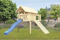 Karibu Stelzenhaus Fidel Fichte inkl. Wellenrutsche 3 m blau und Holzrampe