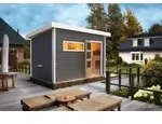 Karibu Saunahaus Au&szlig;ensauna Gartensauna Skrollan 2 terragrau lackiert Ofen 9 KW