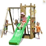 Fungoo Spielturm "Funny 3" natur mit Schaukel, Rutsche, Sandkasten und Kletterwand -