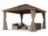 Gartenpavillon 4x4 m Holzoptik, Stahldach Hardtop 4 Seitenteile in grau
