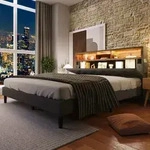Flieks Polsterbett Massivholzbett 140x200cm mit Led und Kopfteil mit Stauraum,